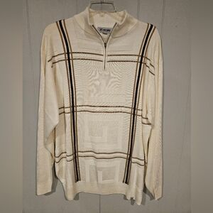 Vintage Stacy Adams White 1/4 Zip Long Sleeve Sweater Mens 2XLT Tall Geometric